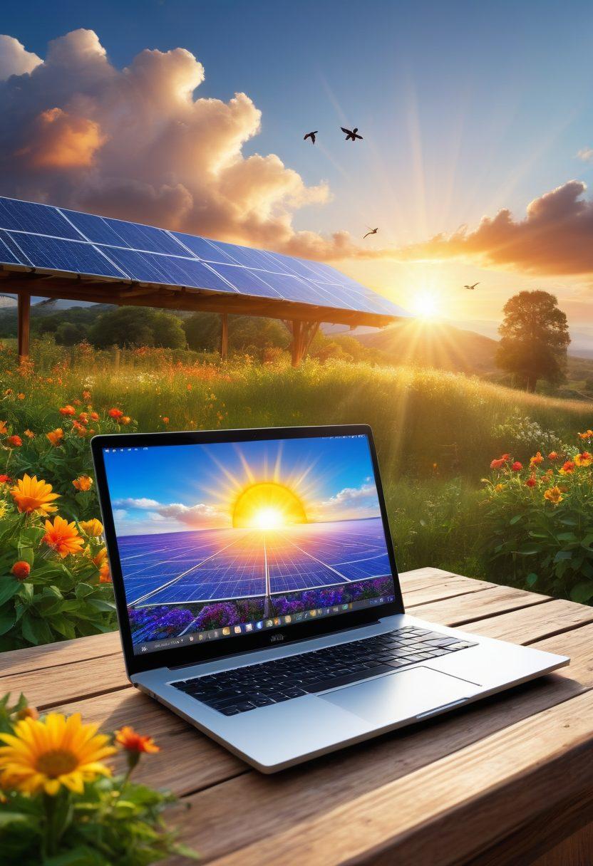 A radiant sun emerging over a landscape filled with solar panels, casting golden rays of light that illuminate vibrant greenery and blooming flowers. In the foreground, an open laptop rests on a wooden table, displaying blog statistics and articles about solar energy. Soft clouds float across a bright blue sky while birds soar above, embodying freedom and innovation. The color palette should be warm and inviting, capturing the essence of brightness and knowledge. super-realistic. vibrant colors. white background.