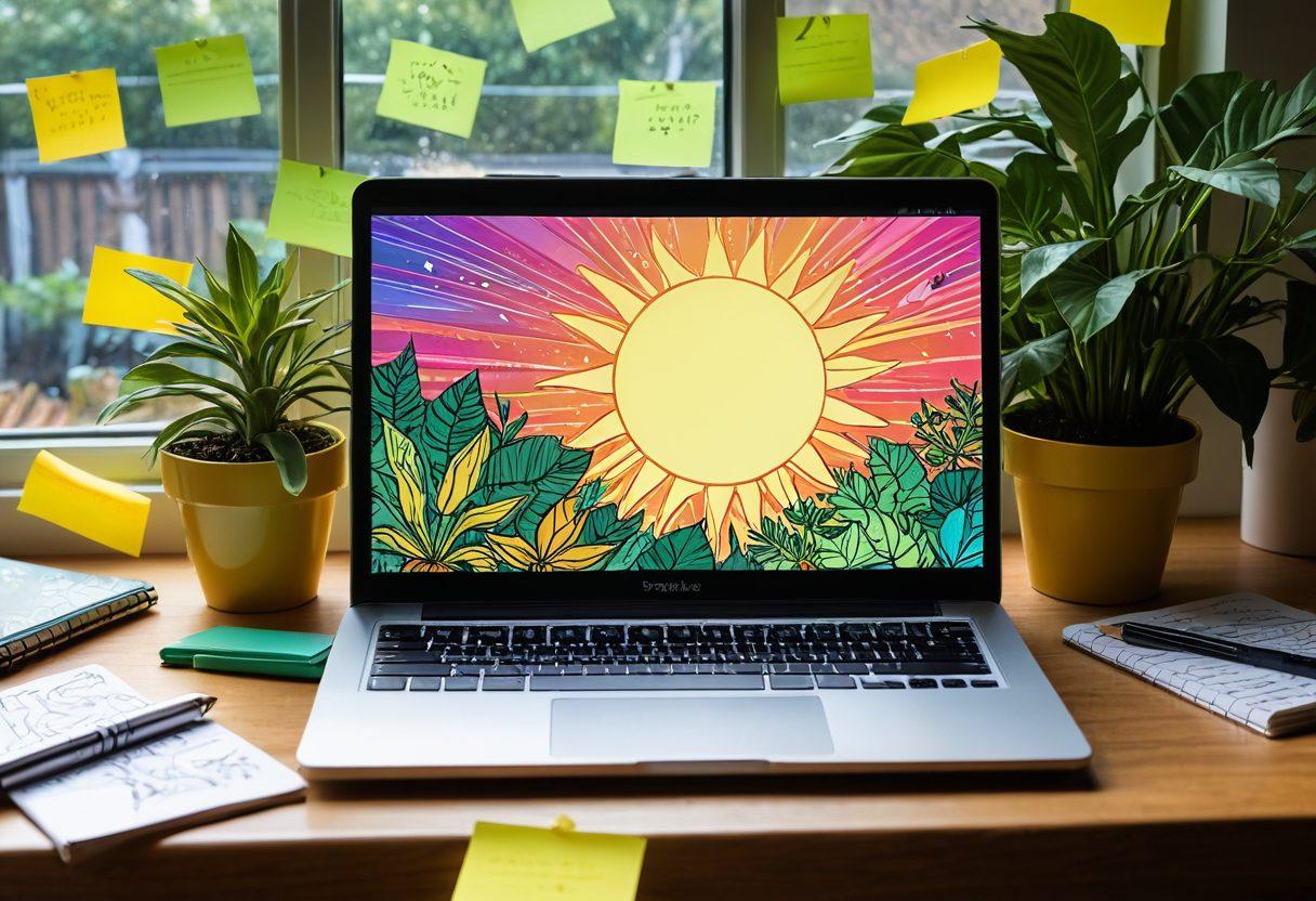 A glowing sun radiating vibrant rays over an open laptop adorned with colorful post-it notes and sketches depicting blog ideas. The background features lush green plants symbolizing growth and sustainability, with solar panels reflecting the sunlight. Warm, inviting colors with a dynamic flow to represent creativity. super-realistic. vibrant colors.