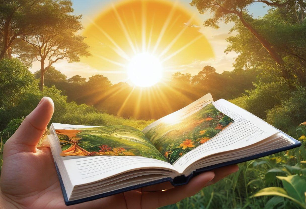 A vibrant sun illuminating a diverse group of storytellers, each holding a solar panel, weaving tales into the air that turn into bright colorful light rays. The background features an illustrated sun with warm hues, and the foreground includes lush greenery and an open notebook filled with sketches. The scene conveys creativity inspired by nature’s energy. super-realistic. vibrant colors. white background.